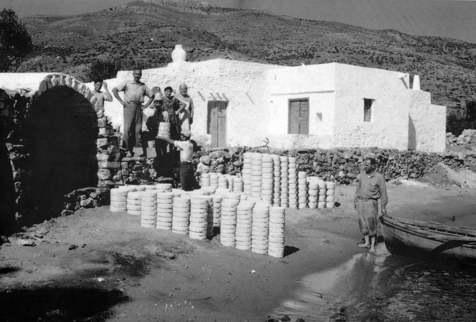 Cookware ready for loading in Platys Gialos, c. 1960. 