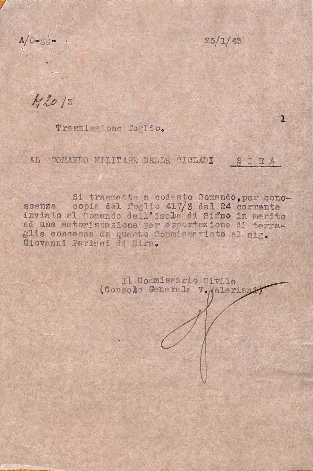 Authorization notice for pottery purchase, January 25, 1943.
